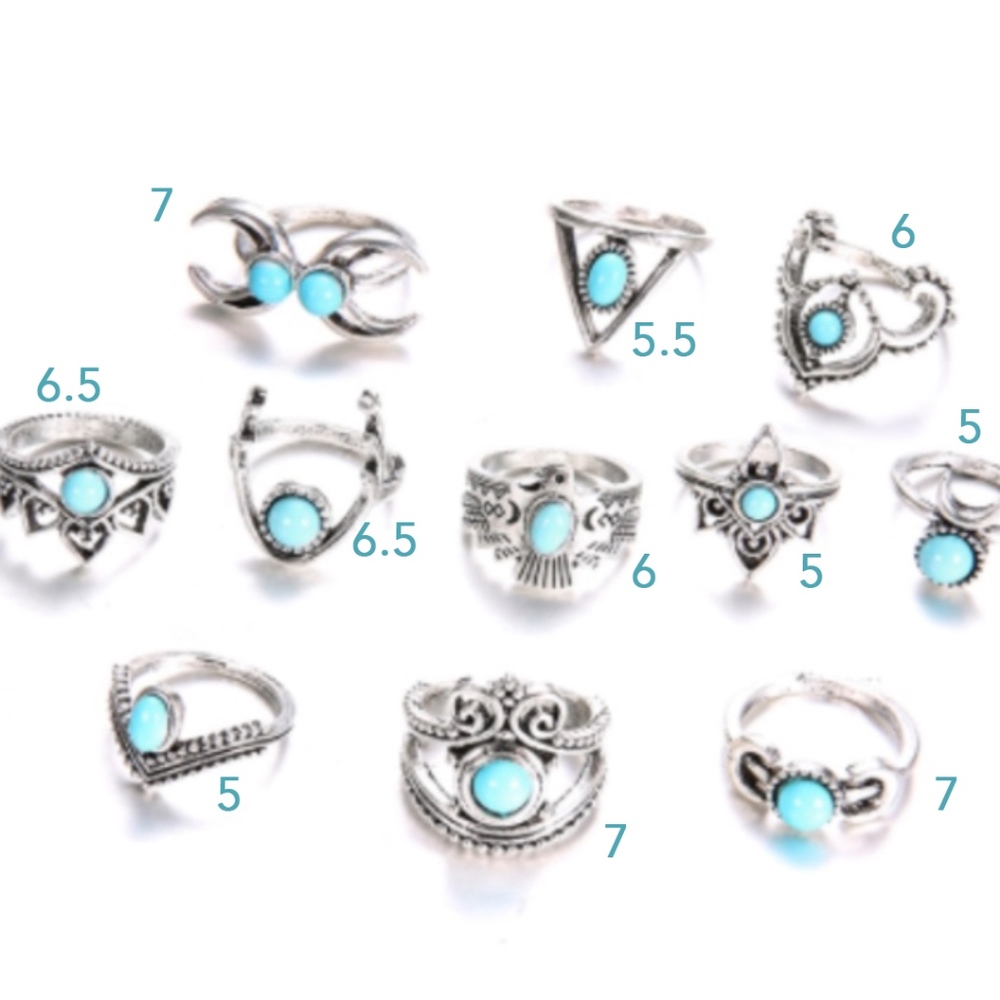 ๐ 11PC: SILVER & TEAL BOHO MIDI RINGS MOON CHIC RING BUNDLE SET TURQUOISE MOON - Picture 3 of 7